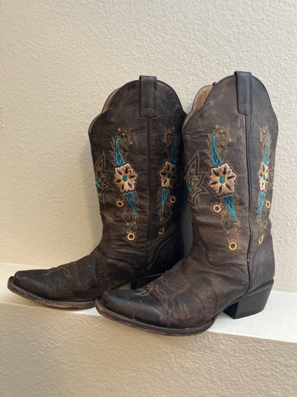 JB Dillon Brown Leather Cowboy Boots with Turquoise & Beige Floral Embroidery
